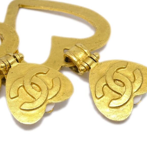 Chanel Heart Dangle Hoop Earrings Gold Clip-On 95P - Picture 2 of 4